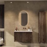 Hangend donker eiken badkamermeubel 100 cm met vlak front, binnenlade en solid surface wastafel