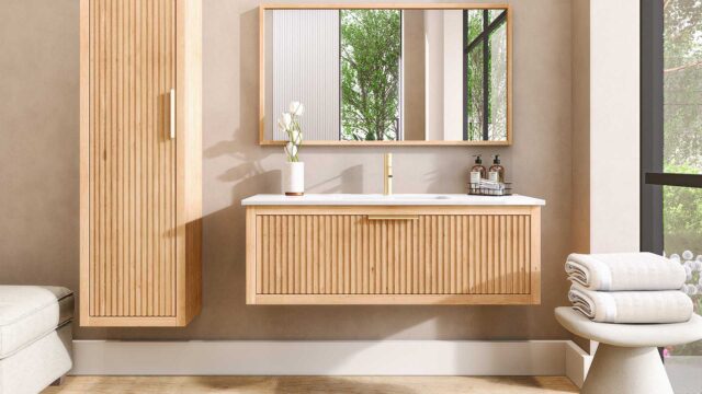 Modern hangend badmeubel 120 cm in massief naturel eiken met groevenfront en keramische wastafel