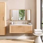 Massief naturel eiken badkamermeubel van 120 cm uit de Grooveline-serie, uitgevoerd met één ruime lade en inclusief een bijpassende keramische wastafel.