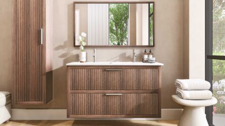 Massief donker eiken badkamermeubel van 120 cm uit de Grooveline-serie, uitgevoerd met twee ruime lades en inclusief een bijpassende keramische wastafel.