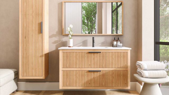 Hangend badkamermeubel 120 cm naturel eiken met groevenfront en twee softclose lades