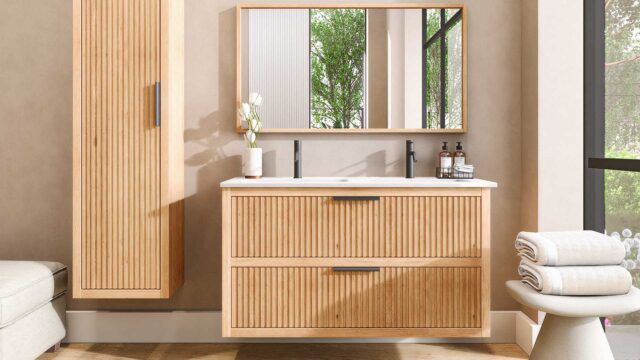 Hangend badkamermeubel 120 cm naturel eiken met groevenfront, twee lades en dubbele wastafel