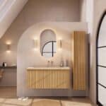 Naturel eiken wastafelmeubel 120 cm met vlak front, binnenlade en geïntegreerde limestone wastafel