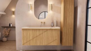 Naturel eiken wastafelmeubel 120 cm met vlak front, binnenlade en geïntegreerde limestone wastafel