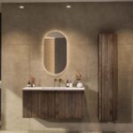 Hangend donker eiken badmeubel 120 cm met vlak front, binnenlade en witte solid surface wastafel