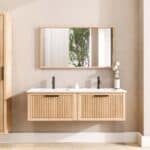 Hangend modern badkamermeubel 140 cm naturel eiken met groevenfront en keramische wastafel