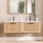 Hangend modern badkamermeubel 140 cm naturel eiken met groevenfront en keramische wastafel