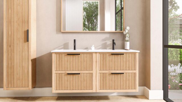 Modern hangend badmeubel 140 cm naturel eiken met groevenfront en vier softclose lades