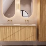 Naturel eiken badkamermeubel 140 cm met vlak front, binnenlade en dubbele limestone wastafel