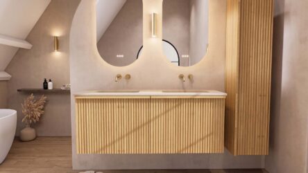 Naturel eiken badkamermeubel 140 cm met vlak front, binnenlade en dubbele limestone wastafel