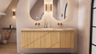 Eiken wastafelmeubel 160 cm met vlak front, binnenlade en dubbele beige limestone wastafel
