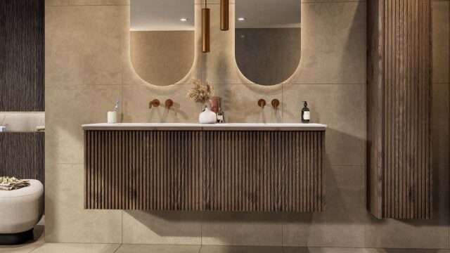 donker Eiken Badkamermeubel met extra binnenlade en dubbele Solid Surface Wastafel 160 cm