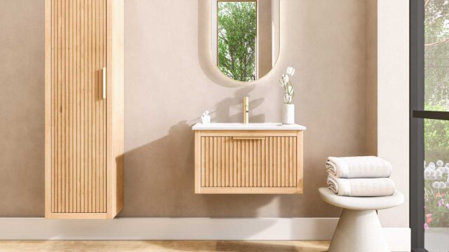 Massief naturel eiken badkamermeubel van 70 cm uit de Grooveline-serie, uitgevoerd met één ruime lade en inclusief een bijpassende keramische wastafel.