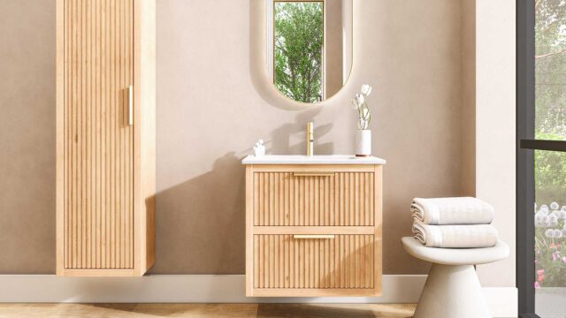 Modern hangend badmeubel 70 cm naturel eiken met groevenfront en twee softclose lades
