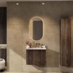 Hangend donker eiken wastafelmeubel 70 cm met vlak front, binnenlade en witte solid surface wastafel