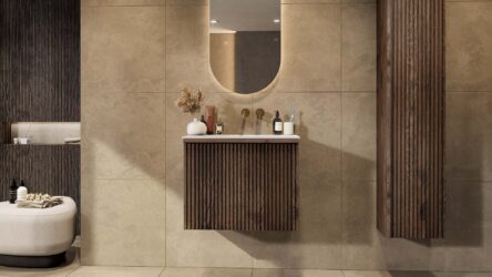 Hangend donker eiken wastafelmeubel 70 cm met vlak front, binnenlade en witte solid surface wastafel