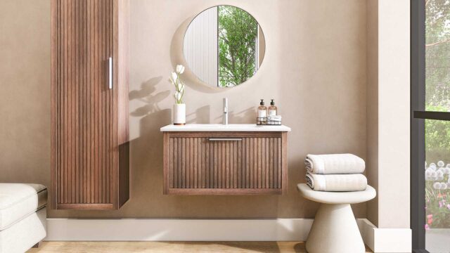 Massief donker eiken badkamermeubel van 80 cm uit de Grooveline-serie, uitgevoerd met één ruime lade en inclusief een bijpassende keramische wastafel.