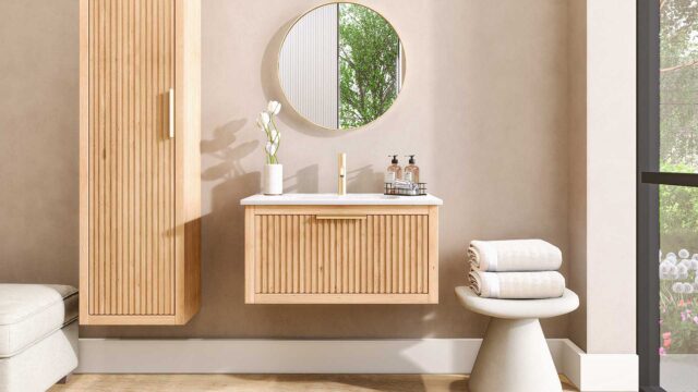 massief eiken badmeubel met keramische wastafel in 80 cm.