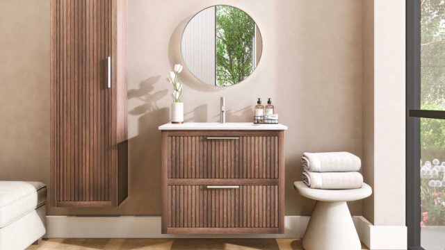 Massief donker eiken badkamermeubel van 80 cm uit de Grooveline-serie, uitgevoerd met twee ruime lades en inclusief een bijpassende keramische wastafel.