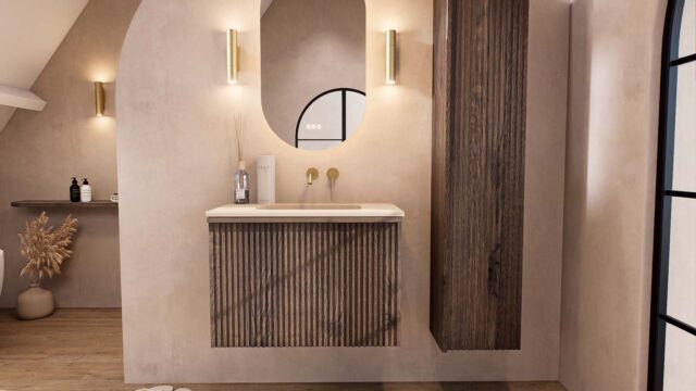 donker Eiken Badkamermeubel met extra binnenlade en Solid Surface Wastafel 80 cm