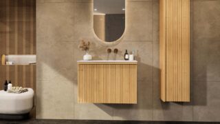 Eiken badkamermeubel 80 cm met vlak front, extra binnenlade en geïntegreerde solid surface wastafel
