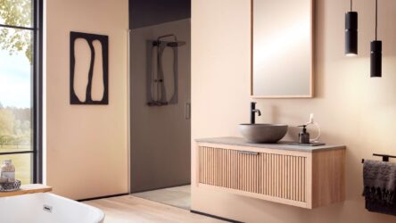 Eiken badkamermeubel 120 cm met één lade en grijs limestone blad met witte keramische waskom