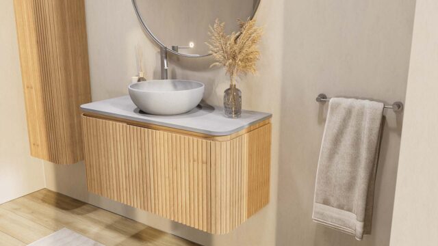 Rond hangend naturel eiken badkamermeubel 100 cm met afgeronde hoeken, groevenfront en grijs blad