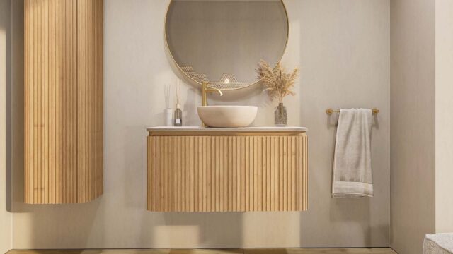 Rond hangend naturel eiken badkamermeubel 100 cm met afgeronde hoeken, groevenfront en mat beige blad