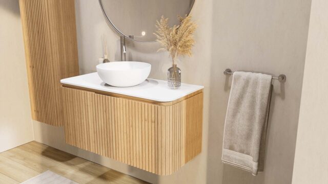 Rond hangend naturel eiken badkamermeubel 100 cm met afgeronde hoeken, groevenfront en mat wit wastafelblad