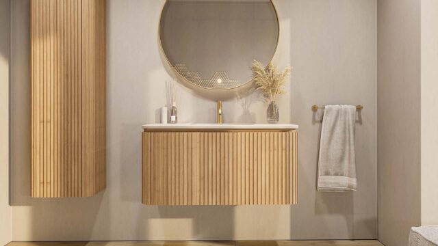 Rond hangend naturel eiken badkamermeubel 100 cm met afgeronde hoeken, groevenfront en mat beige wastafel