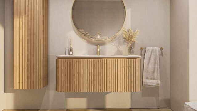 Rond hangend naturel eiken wastafelmeubel 120 cm met groevenfront en mat beige wastafel met één waskom