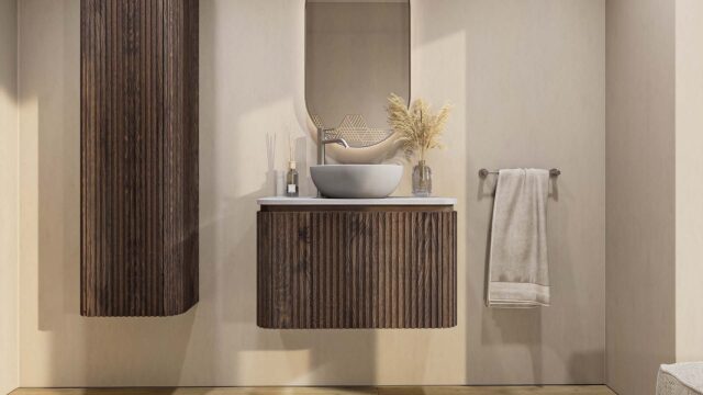 Rond hangend donker eiken badkamermeubel 80 cm met afgeronde hoeken, groevenfront en grijs blad