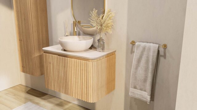 Rond hangend naturel eiken badkamermeubel 80 cm met afgeronde hoeken, groevenfront en mat beige blad