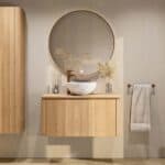 Rond hangend naturel eiken badkamermeubel 100 cm met afgeronde hoeken en eiken blad met witte waskom