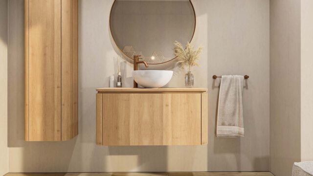 Rond hangend naturel eiken badkamermeubel 100 cm met afgeronde hoeken en eiken blad met witte waskom