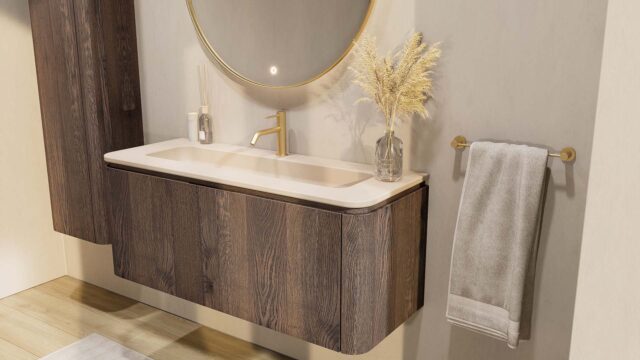 Rond hangend donker eiken badkamermeubel 120 cm met vlak front en mat beige wastafel met twee waskommen