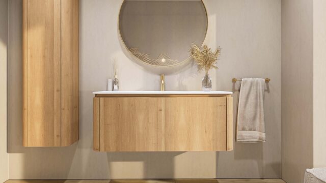 Rond hangend naturel eiken wastafelmeubel 120 cm met vlak front en mat wit wastafel met één waskom