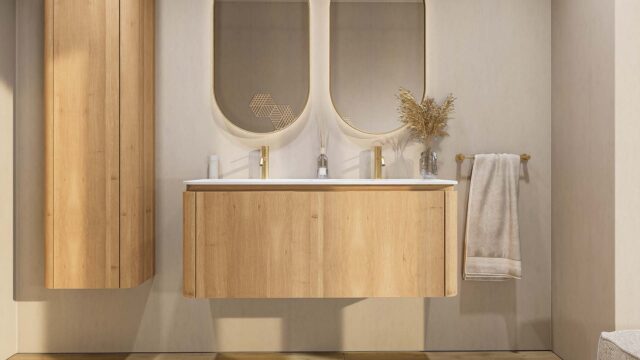 Rond hangend naturel eiken badkamermeubel 120 cm met vlak front en mat wit wastafel met twee waskommen