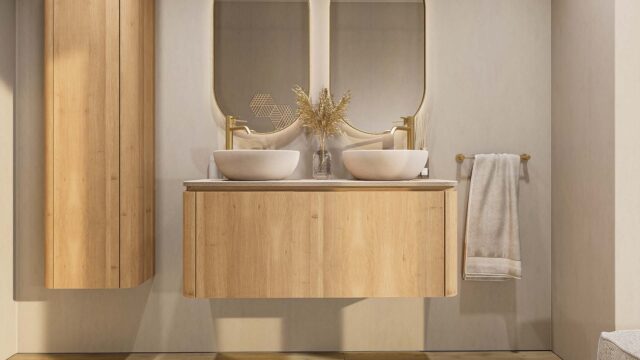 Rond hangend naturel eiken badkamermeubel 120 cm met afgeronde hoeken en mat beige blad met twee waskommen