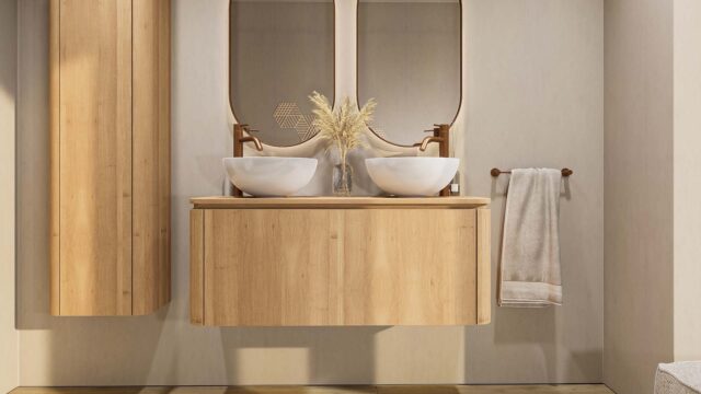 Rond hangend naturel eiken badkamermeubel 120 cm met afgeronde hoeken en eiken blad met twee waskommen