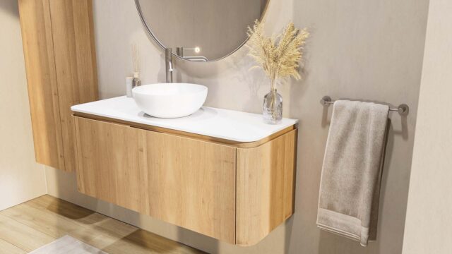 Rond hangend naturel eiken badkamermeubel 120 cm met afgeronde hoeken en mat wit blad met één waskom