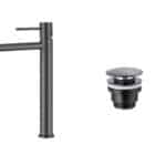 Moderne hoge wastafelkraan in black gun metal voor een badmeubel met waskom, geleverd als complete set inclusief bijpassende clickwaste met duurzame PVD-coating. De clickwaste is een handige pop-up afvoer die je eenvoudig opent en sluit door erop te