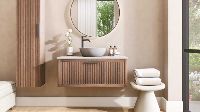 Eiken wastafelmeubel 100 cm met één lade en grijs limestone blad met ronde keramische waskom