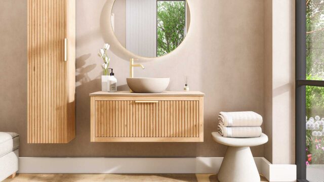 Modern hangend eiken badkamermeubel 100 cm met ribbelfront, één lade en limestone blad met keramische waskom