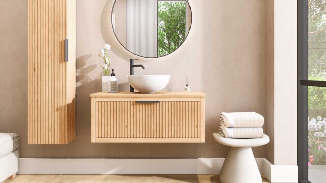 Hangend houten badkamermeubel 100 cm met één lade en naturel eiken blad met witte waskom