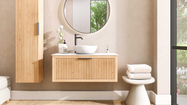 Hangend naturel eiken badkamermeubel 100 cm met één lade en solid surface blad met witte waskom