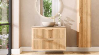 Modern naturel eiken badkamermeubel 100 cm met twee lades en limestone blad met witte waskom