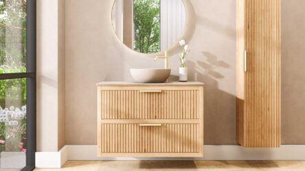 Modern naturel eiken badkamermeubel 100 cm met twee lades en limestone blad met witte waskom