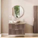 Modern donker eiken badkamermeubel 100 cm met twee lades en limestone blad met witte waskom