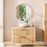 Hangend naturel eiken badkamermeubel 100 cm met twee lades en naturel eiken blad met witte waskom